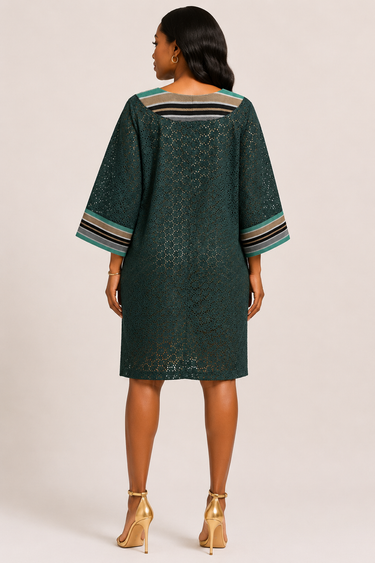 Emerald Elegance Lace Shift Dress – Embroidered V-Neck Midi Dress