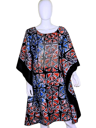 Nigerian hand-dyed batik kaftan dress on white mannequin