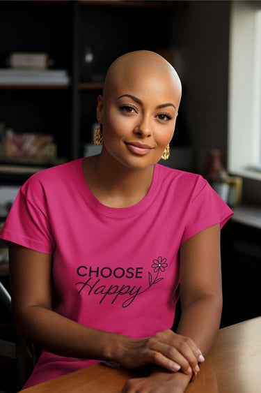 Woman wearing a pink “Choose Happy” motivational t-shirt