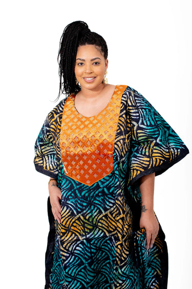 Two neckline styles of Adire Boubou kaftans for women