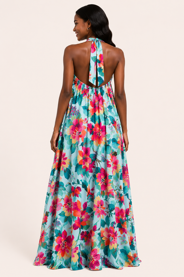 Tropical Bloom Halter Maxi Dress – Elegant Floral Flow Dress