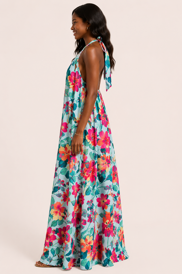 Tropical Bloom Halter Maxi Dress – Elegant Floral Flow Dress