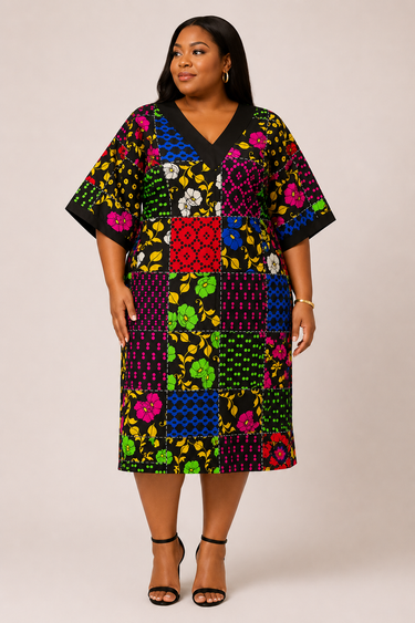 Woman wearing a colorful patterned dress on a plain background