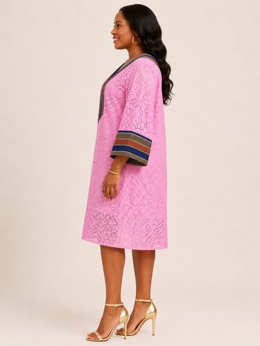 Blush Elegance Lace & Aso-Oke Dress – Women's Pink Embroidered Midi Dress