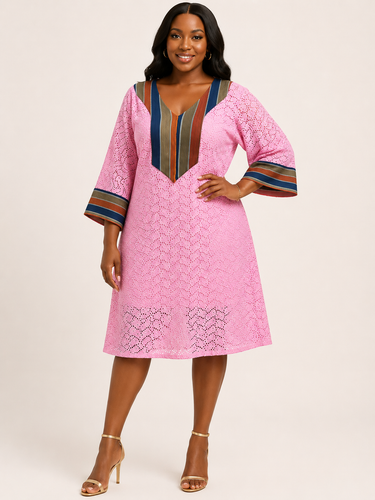 Blush Elegance Lace & Aso-Oke Dress – Women's Pink Embroidered Midi Dress