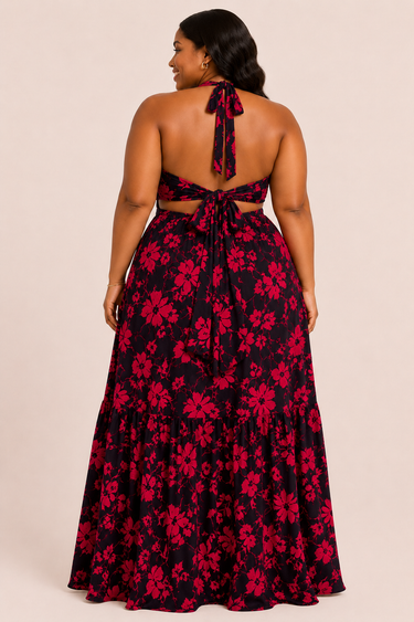 Midnight Bloom Halter Maxi Dress – Elegant Floral Cutout Dress