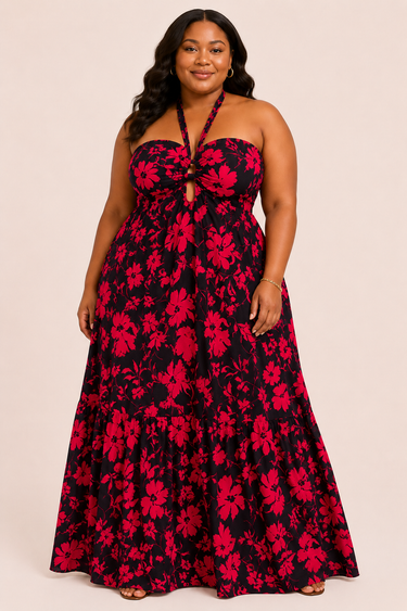 Midnight Bloom Halter Maxi Dress – Elegant Floral Cutout Dress