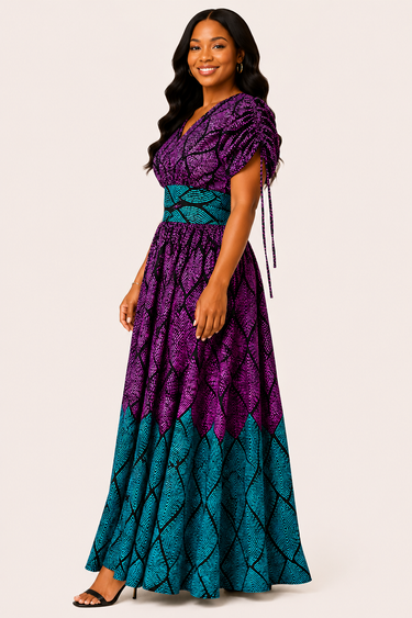 Woman wearing a purple and teal patterned dress on a white background