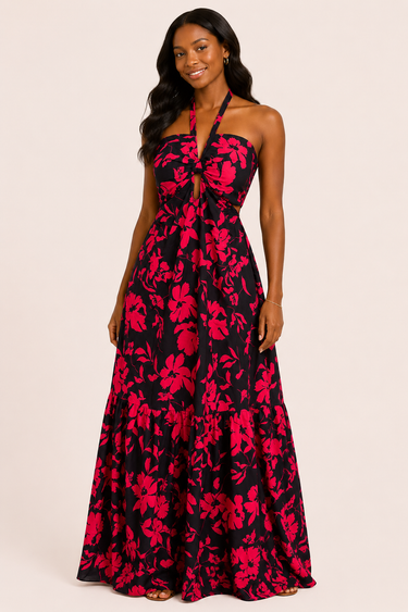 Midnight Bloom Halter Maxi Dress – Elegant Floral Cutout Dress