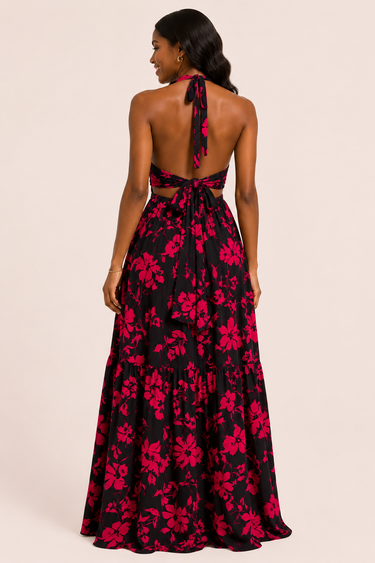Midnight Bloom Halter Maxi Dress – Elegant Floral Cutout Dress