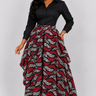 Red black and grey Ankara handkerchief maxi skirt with high waist layered ruffle cascading hem in bold wave print African fabric perfect for owambe wedding guest cultural events and street style outfits