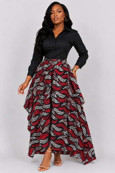 Red black and grey Ankara handkerchief maxi skirt with high waist layered ruffle cascading hem in bold wave print African fabric perfect for owambe wedding guest cultural events and street style outfits