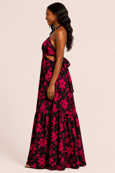 Midnight Bloom Halter Maxi Dress – Elegant Floral Cutout Dress
