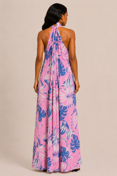 Pink Tropical Halter Maxi Dress – Lightweight Ankara Print Summer Dress