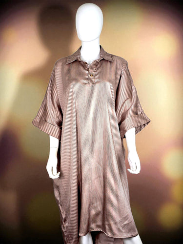  Rose gold striped silk gown with collar 