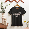 Black inspirational Christian tee with elegant faith script design