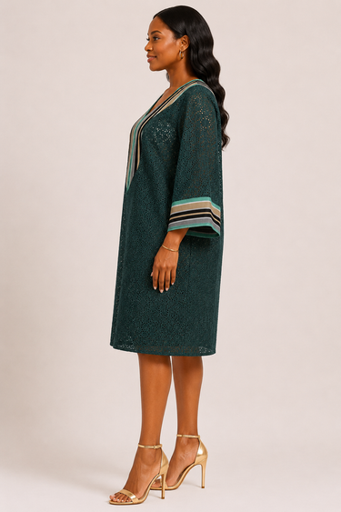 Emerald Elegance Lace Shift Dress – Embroidered V-Neck Midi Dress