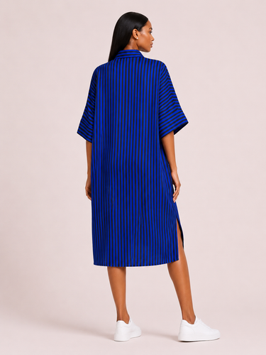Royal Sapphire Ankara Shirt Dress – Blue Striped Midi Shirt Dress