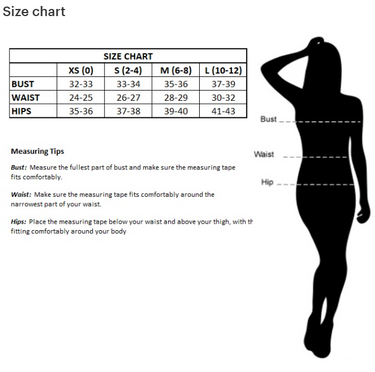 Size chart for clothing with a silhouette of a person and measurement instructions.