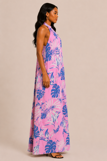Pink Tropical Halter Maxi Dress – Lightweight Ankara Print Summer Dress
