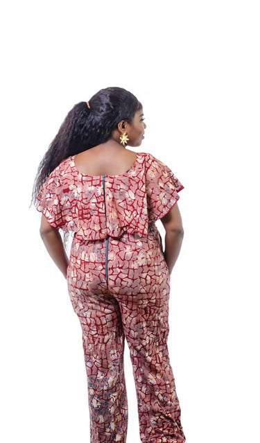 Front view of African print one-piece jumpsuit for women