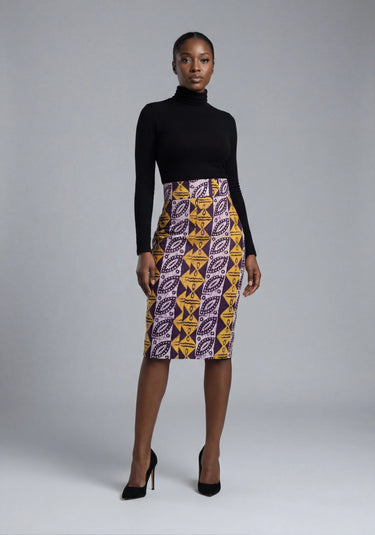 High-Waist African Print Pencil Skirt – Purple & Gold Tie-Dye Cotton