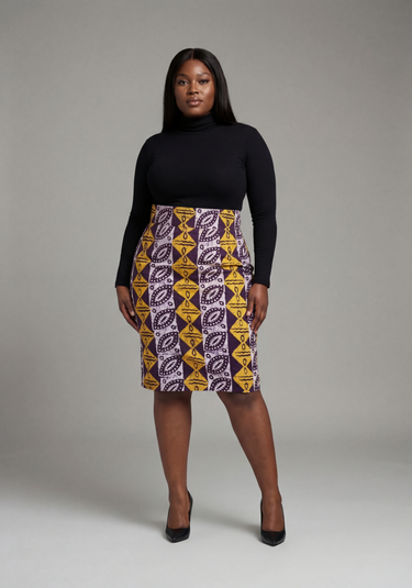 Back view of high-waist African print cotton skirt with zipper closure