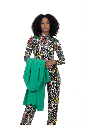 Bold Ankara 3-Piece Set – Turtleneck Top, High-Waisted Pants & Green Crepe Kimono | Smooth Visage