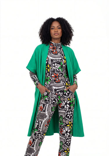 Bold Ankara 3-Piece Set – Turtleneck Top, High-Waisted Pants & Green Crepe Kimono | Smooth Visage