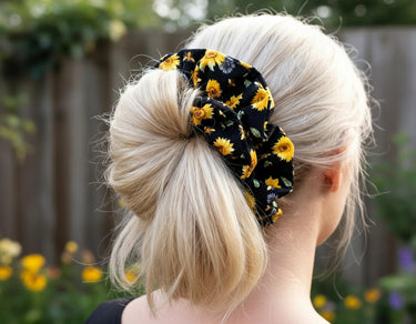 Black Sunflower Print Cotton Scrunchie – Handmade Hair Accessory