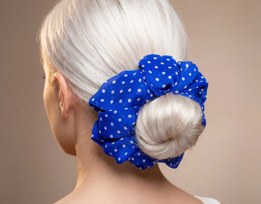Royal Blue Polka Dot Satin Scrunchie – Mini, Large & XXL | Smooth Visage
