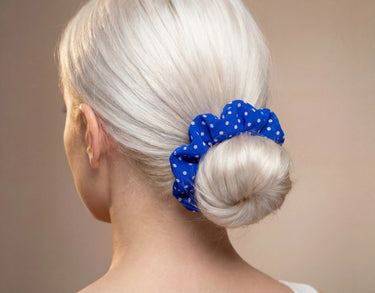 Royal Blue Polka Dot Satin Scrunchie – Mini, Large & XXL | Smooth Visage