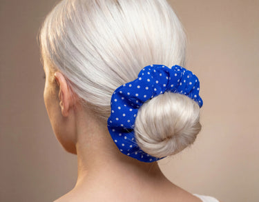 Royal Blue Polka Dot Satin Scrunchie – Mini, Large & XXL | Smooth Visage