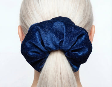 Navy Blue Shimmery Stretch Velvet Scrunchie – Smooth Visage Hair Accessories