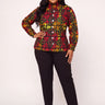 Plus size Ankara print long sleeve button down top with high mock neck peplum hem and geometric African print in red green and yellow perfect for office work and smart casual women outfits