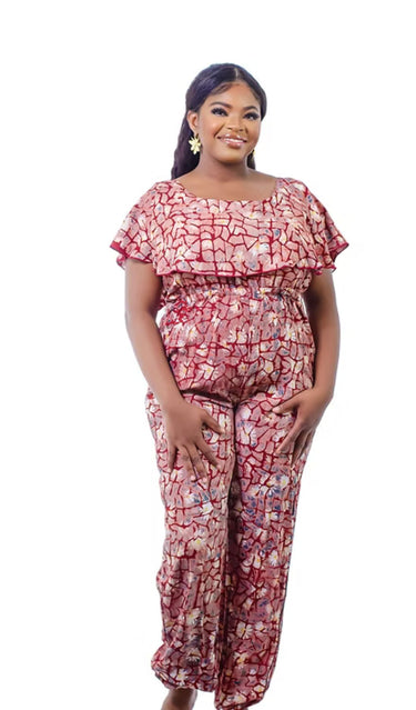 African Adire Print Jumpsuit – Hand-Dyed One-Piece with Cape Top