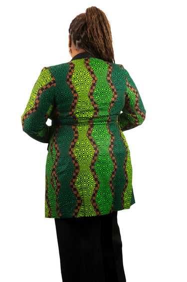 Smooth Visage Long Green Ankara  African Print Tuxedo Blazer