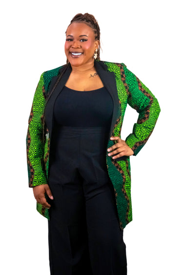 Smooth Visage Long Green Ankara  African Print Tuxedo Blazer