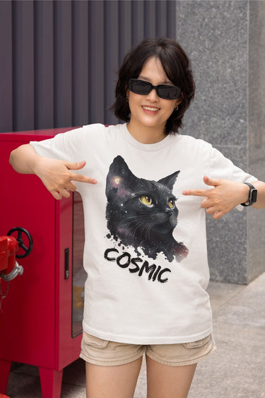 Cosmic Cat Graphic Tee – Galaxy-Inspired Astronaut Cat Shirt for Women