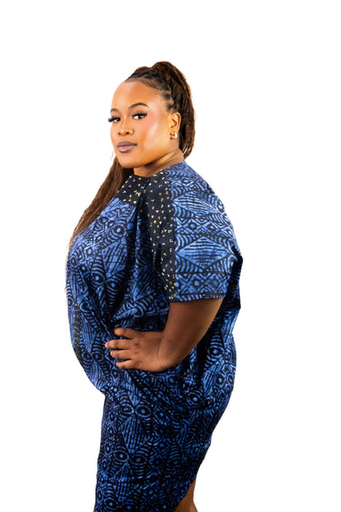 Adire Free Bump Kaftan Dress – Handmade African Print with Gold Rhinestone Accents