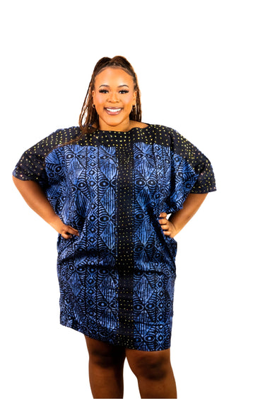Adire Free Bump Kaftan Dress – Handmade African Print with Gold Rhinestone Accents