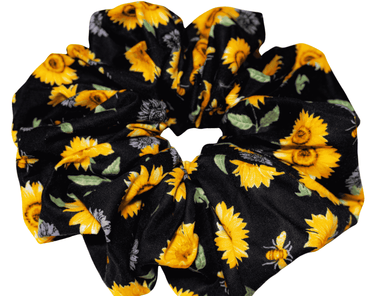 Black Sunflower Print Cotton Scrunchie – Handmade Hair Accessory