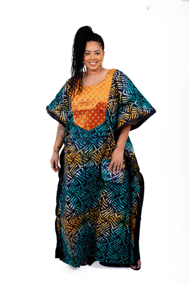 Plus-size African woman modeling loose butterfly sleeve kaftan