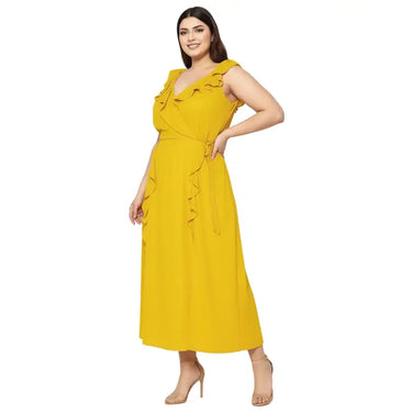 Plus Size Yellow Ruffle Wrap Maxi Dress – Sleeveless Elegant Midi Dress