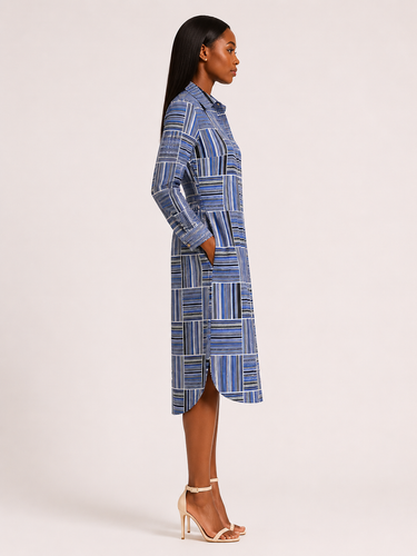 Mosaic Ankara Shirt Dress – Blue Geometric Button-Front Midi Dress