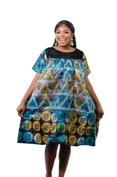 ARIYO Adire African Print Tie - Dye Mini Gown for Women - Smooth Visage