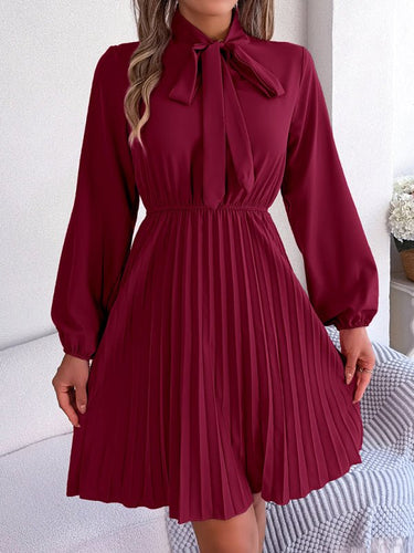 Autumn and winter temperament tie waist long sleeve pleated skirt - Smooth Visage