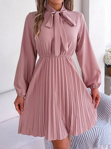 Autumn and winter temperament tie waist long sleeve pleated skirt - Smooth Visage