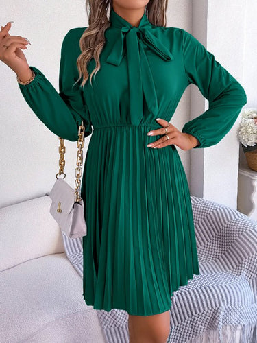 Autumn and winter temperament tie waist long sleeve pleated skirt - Smooth Visage