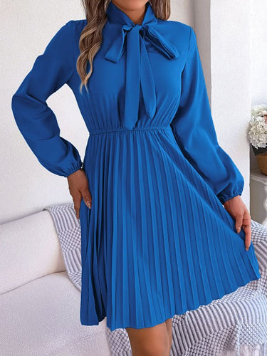 Autumn and winter temperament tie waist long sleeve pleated skirt - Smooth Visage